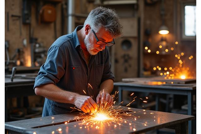 Founder at work in the Yukon Forge Design workshop, surrounded by bespoke metal creations and tools.