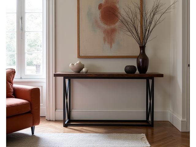 Stylish metal and wood console table in a modern living room